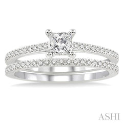 5/8 Ctw Diamond Wedding Set with 1/2 Ctw Princess Cut Engagement Ring and 1/10 Ctw Wedding Band in 14K White Gold