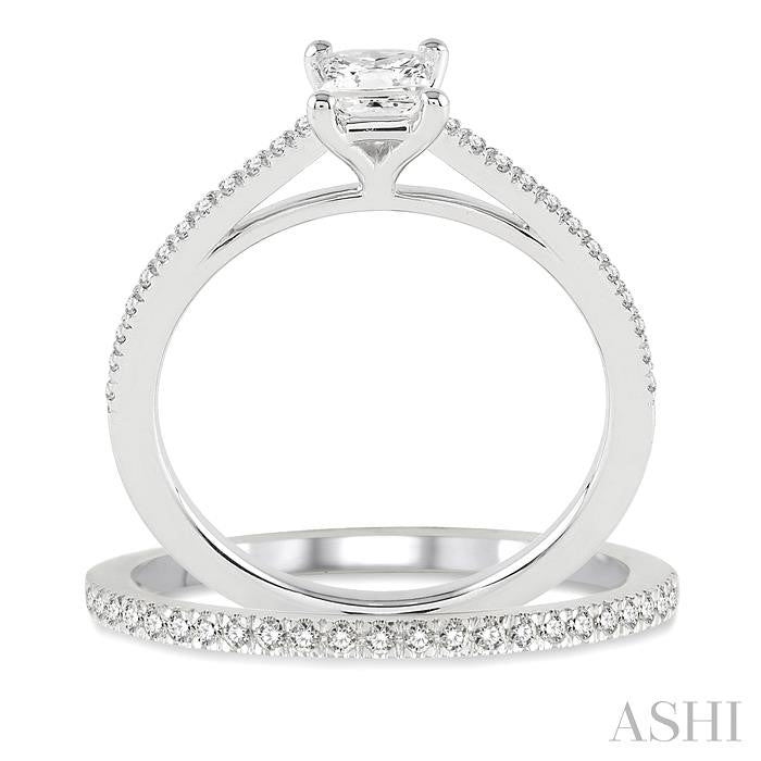 5/8 Ctw Diamond Wedding Set with 1/2 Ctw Princess Cut Engagement Ring and 1/10 Ctw Wedding Band in 14K White Gold