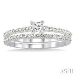 3/8 Ctw Diamond Wedding Set with 1/3 Ctw Princess Cut Engagement Ring and 1/10 Ctw Wedding Band in 14K White Gold