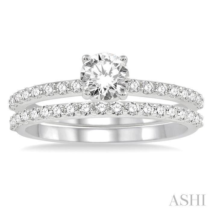 1 Ctw Diamond Wedding Set with 3/4 Ctw Round Cut Engagement Ring and 1/3 Ctw Wedding Band in 14K White Gold