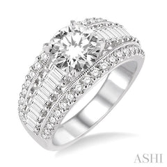 1 1/3 Ctw Baguette and Round Cut Diamond Semi-Mount Engagement Ring in 14K White Gold