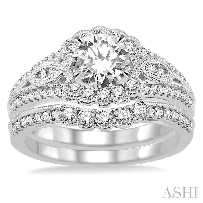 1 1/2 Ctw Diamond Wedding Set with 1 1/6 Ctw Round Cut Engagement Ring and 1/3 Ctw Wedding Band in 14K White Gold