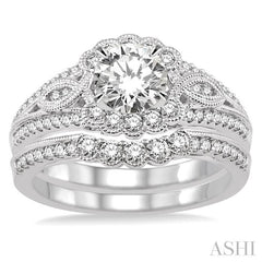 1 1/2 Ctw Diamond Wedding Set with 1 1/6 Ctw Round Cut Engagement Ring and 1/3 Ctw Wedding Band in 14K White Gold