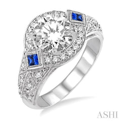 2.3 MM Princess Cut Sapphire and 1/3 Ctw Round Cut Diamond Semi-Mount Engagement Ring in 14K White Gold