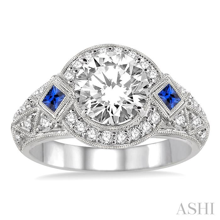 2.3 MM Princess Cut Sapphire and 1/3 Ctw Round Cut Diamond Semi-Mount Engagement Ring in 14K White Gold
