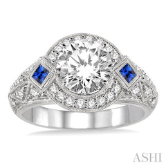 2.3 MM Princess Cut Sapphire and 1/3 Ctw Round Cut Diamond Semi-Mount Engagement Ring in 14K White Gold