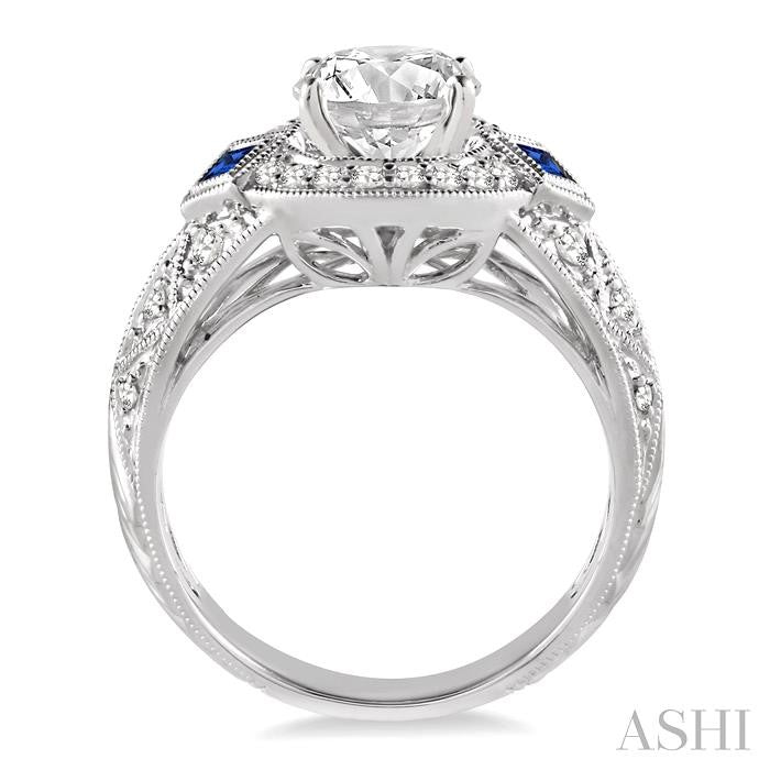 2.3 MM Princess Cut Sapphire and 1/3 Ctw Round Cut Diamond Semi-Mount Engagement Ring in 14K White Gold