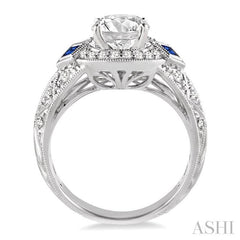 2.3 MM Princess Cut Sapphire and 1/3 Ctw Round Cut Diamond Semi-Mount Engagement Ring in 14K White Gold