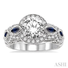 3.8x1.8 MM & 4.1x2.1 MM Marquise Cut Sapphire and 1/2 Ctw Round Cut Diamond Semi-mount Engagement Ring in 14K White Gold
