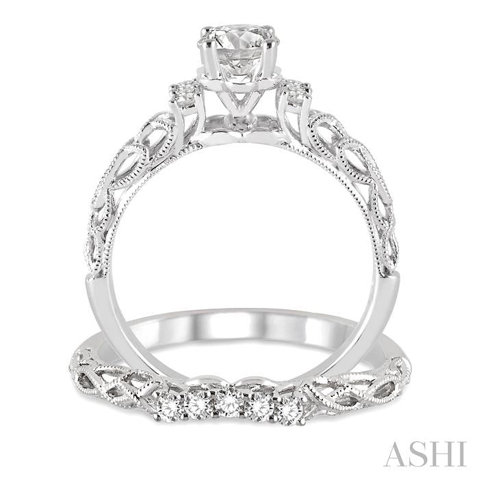 1/2 Ctw Diamond Wedding Set with 1/3 Ctw Round Cut Engagement Ring and 1/10 Ctw Wedding Band in 14K White Gold