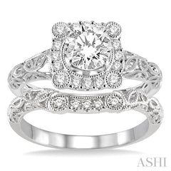 3/4 Ctw Diamond Wedding Set with 5/8 Ctw Round Cut Engagement Ring and 1/10 Ctw Wedding Band in 14K White Gold