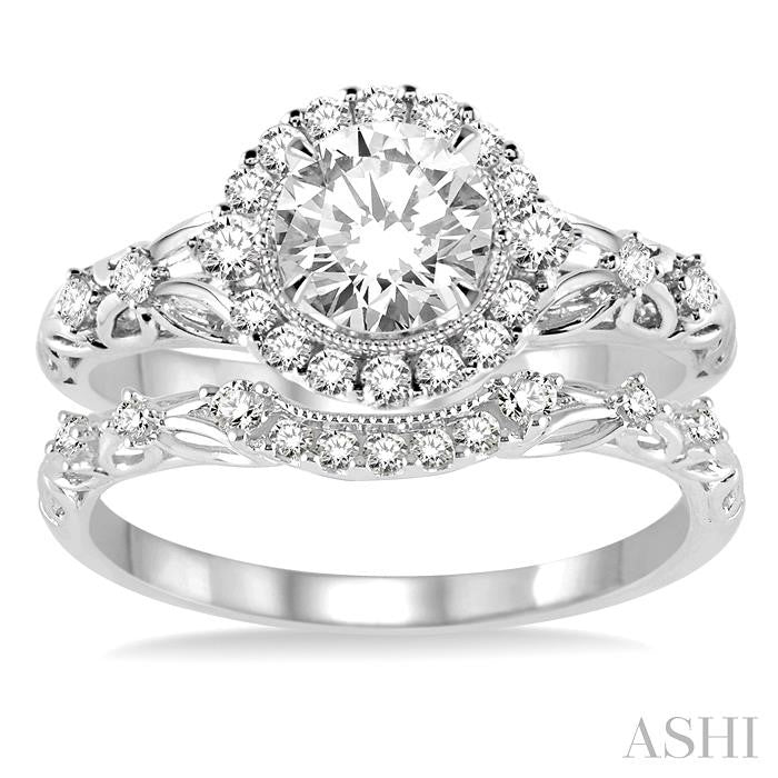 3/4 Ctw Diamond Wedding Set with 3/4 Ctw Round Cut Engagement Ring and 1/10 Ctw Wedding Band in 14K White Gold