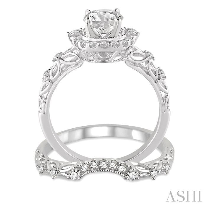 3/4 Ctw Diamond Wedding Set with 3/4 Ctw Round Cut Engagement Ring and 1/10 Ctw Wedding Band in 14K White Gold