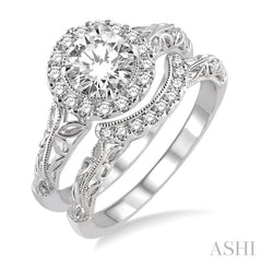 3/4 Ctw Diamond Wedding Set with 5/8 Ctw Round Cut Engagement Ring and 1/10 Ctw Wedding Band in 14K White Gold