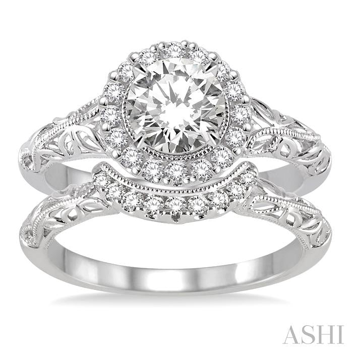 3/4 Ctw Diamond Wedding Set with 5/8 Ctw Round Cut Engagement Ring and 1/10 Ctw Wedding Band in 14K White Gold