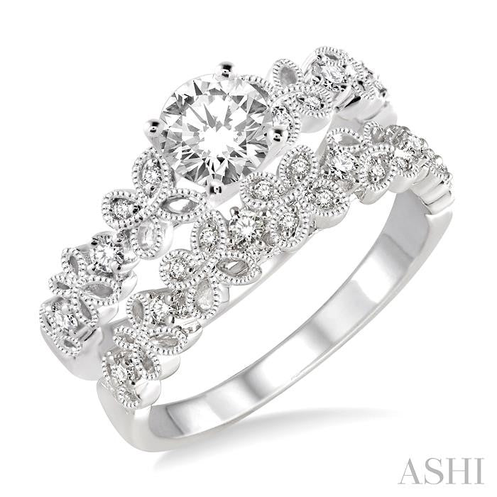 1/2 Ctw Diamond Wedding Set with 3/8 Ctw Round Cut Engagement Ring and 1/10 Ctw Wedding Band in 14K White Gold