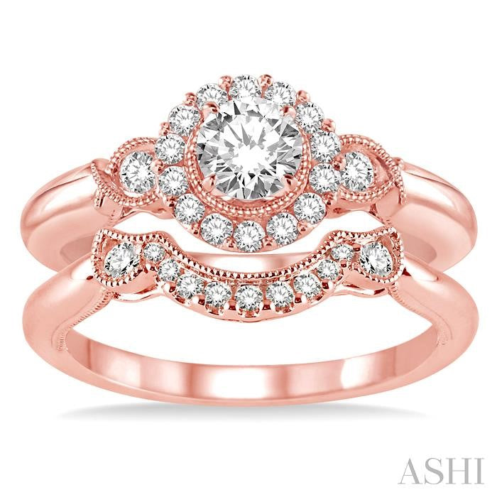 1/2 Ctw Diamond Wedding Set with 1/2 Ctw Round Cut Engagement Ring and 1/10 Ctw Wedding Band in 14K Rose Gold
