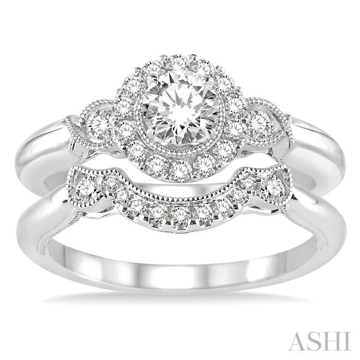 1/2 Ctw Diamond Wedding Set with 1/2 Ctw Round Cut Engagement Ring and 1/10 Ctw Wedding Band in 14K White Gold