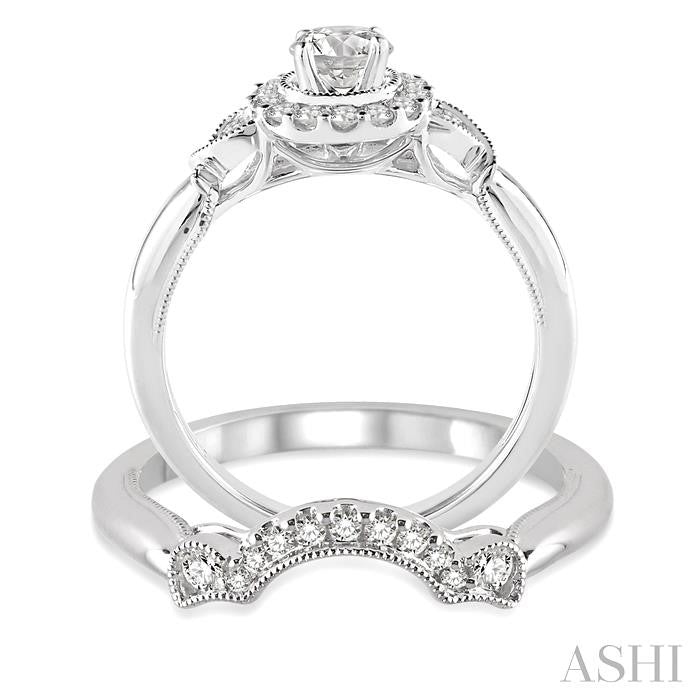 1/2 Ctw Diamond Wedding Set with 1/2 Ctw Round Cut Engagement Ring and 1/10 Ctw Wedding Band in 14K White Gold