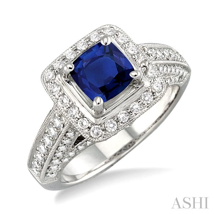 6x6 MM Cushion Cut Sapphire and 1 Ctw Round Cut Diamond Precious Ring in 14K White Gold