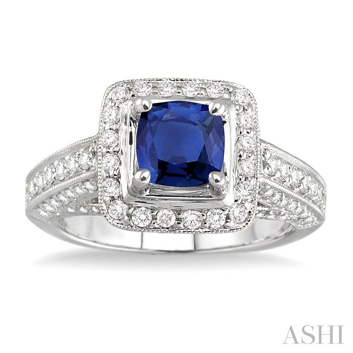 6x6 MM Cushion Cut Sapphire and 1 Ctw Round Cut Diamond Precious Ring in 14K White Gold
