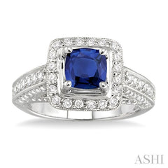 6x6 MM Cushion Cut Sapphire and 1 Ctw Round Cut Diamond Precious Ring in 14K White Gold