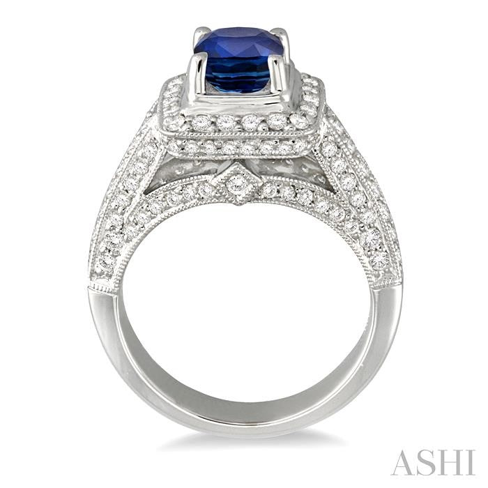 6x6 MM Cushion Cut Sapphire and 1 Ctw Round Cut Diamond Precious Ring in 14K White Gold