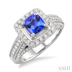 6x6 MM Cushion Cut Tanzanite and 1 Ctw Round Cut Diamond Precious Ring in 14K White Gold
