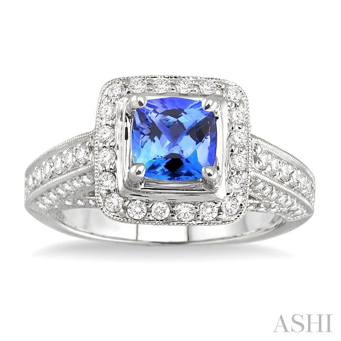 6x6 MM Cushion Cut Tanzanite and 1 Ctw Round Cut Diamond Precious Ring in 14K White Gold