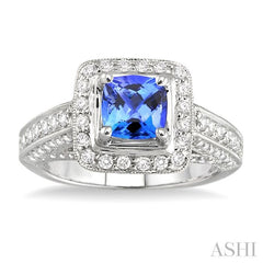 6x6 MM Cushion Cut Tanzanite and 1 Ctw Round Cut Diamond Precious Ring in 14K White Gold