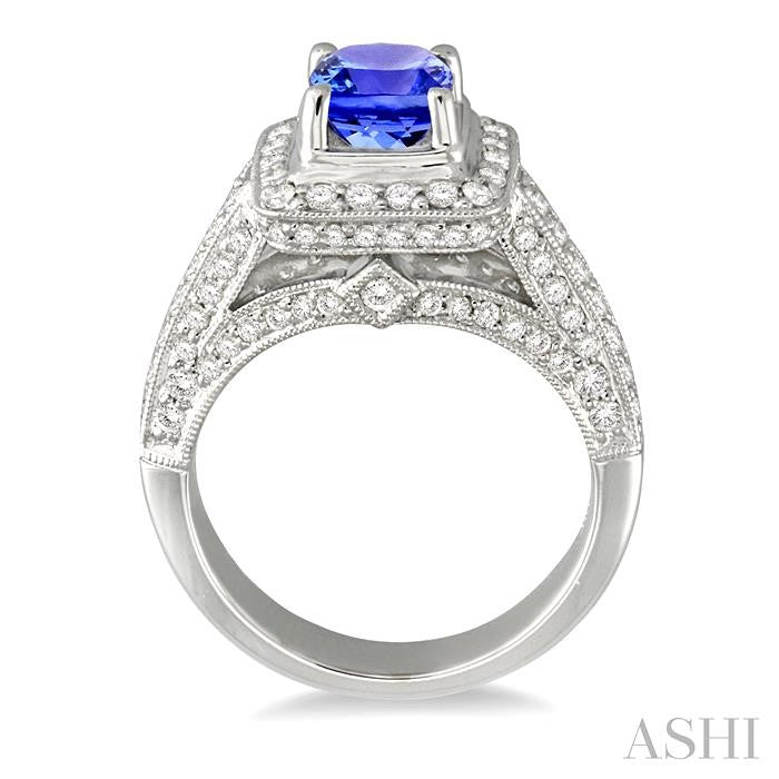 6x6 MM Cushion Cut Tanzanite and 1 Ctw Round Cut Diamond Precious Ring in 14K White Gold