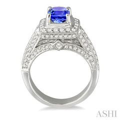 6x6 MM Cushion Cut Tanzanite and 1 Ctw Round Cut Diamond Precious Ring in 14K White Gold
