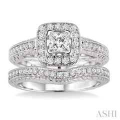7/8 Ctw Diamond Wedding Set with 5/8 Ctw Princess Cut Engagement Ring and 1/5 Ctw Wedding Band in 14K White Gold
