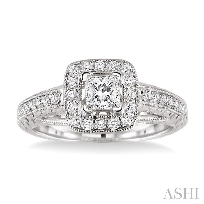 5/8 Ctw Diamond Engagement Ring with 1/3 Ct Princess Cut Center Stone in 14K White Gold