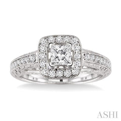 5/8 Ctw Diamond Engagement Ring with 1/3 Ct Princess Cut Center Stone in 14K White Gold