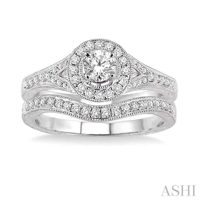 5/8 Ctw Diamond Wedding Set with 1/2 Ctw Round Cut Engagement Ring and 1/6 Ctw Wedding Band in 14K White Gold