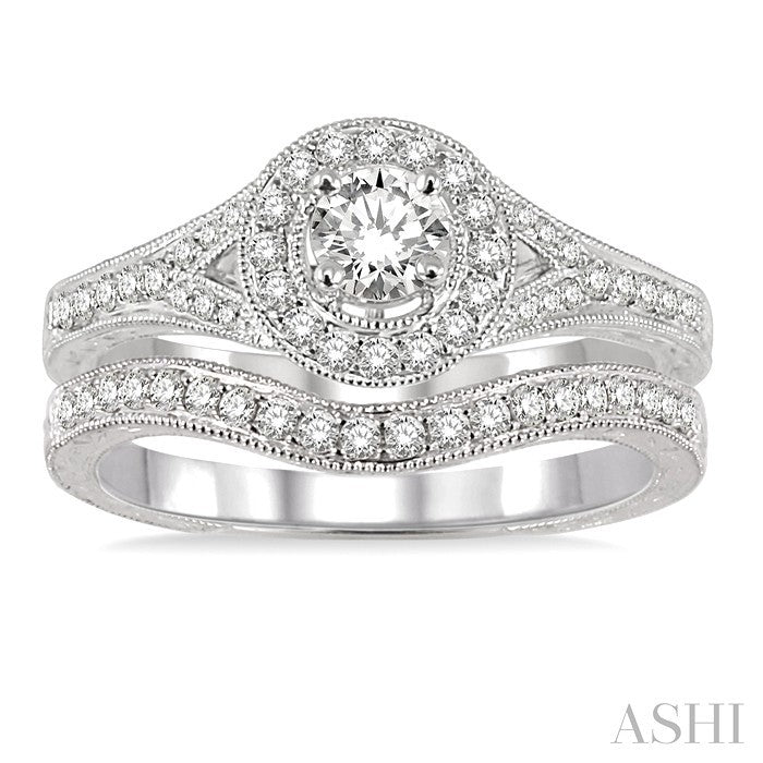 5/8 Ctw Diamond Wedding Set with 1/2 Ctw Round Cut Engagement Ring and 1/6 Ctw Wedding Band in 14K White Gold