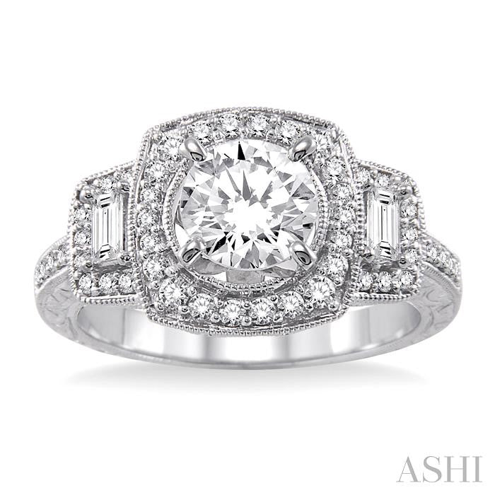 1 1/6 Ctw Diamond Engagement Ring with 3/4 Ct Round Cut Center Stone in 14K White Gold