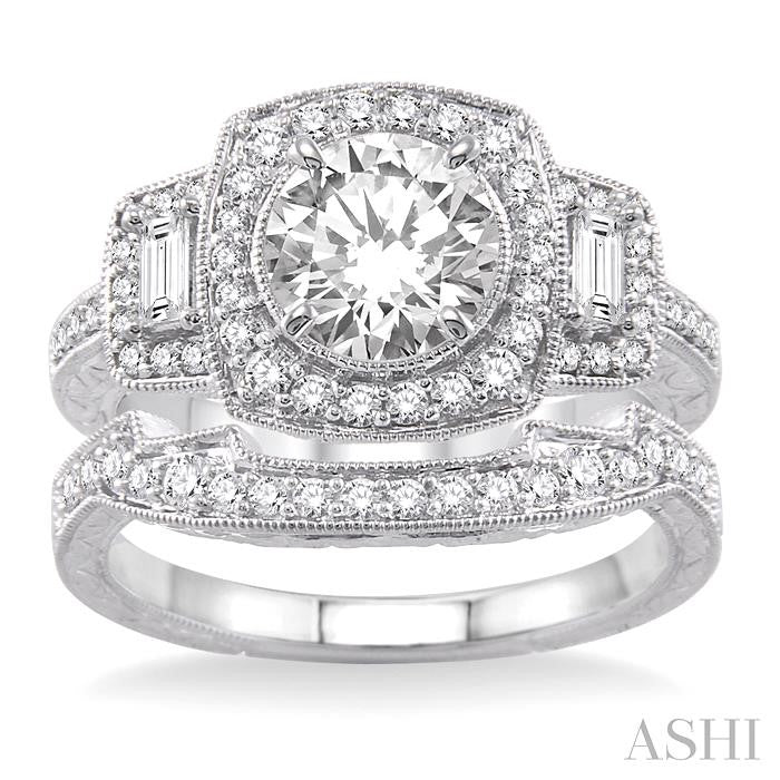 1 1/3 Ctw Diamond Wedding Set with 1 1/6 Ctw Round Cut Engagement Ring and 1/5 Ctw Wedding Band in 14K White Gold