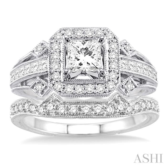 1 1/5 Ctw Diamond Wedding Set with 1 Ctw Princess Cut Engagement Ring and 1/5 Ctw Wedding Band in 14K White Gold