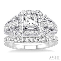 1 1/5 Ctw Diamond Wedding Set with 1 Ctw Princess Cut Engagement Ring and 1/5 Ctw Wedding Band in 14K White Gold