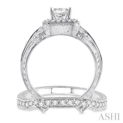 1 1/5 Ctw Diamond Wedding Set with 1 Ctw Princess Cut Engagement Ring and 1/5 Ctw Wedding Band in 14K White Gold