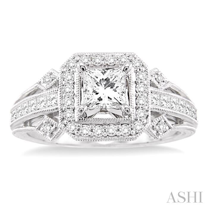 1 Ctw Diamond Engagement Ring with 1/2 Ct Princess Cut Center Stone in 14K White Gold