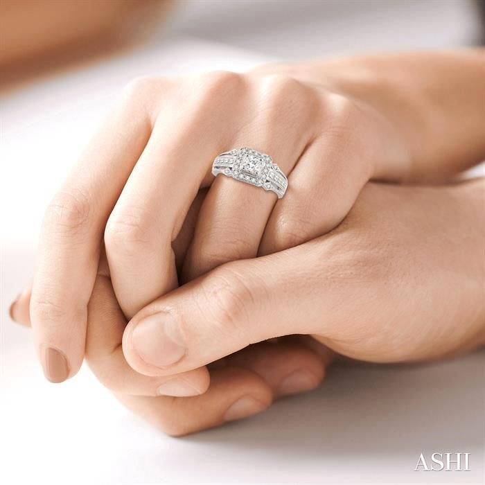 3/4 Ctw Diamond Engagement Ring with 1/3 Ct Princess Cut Center Stone in 14K White Gold