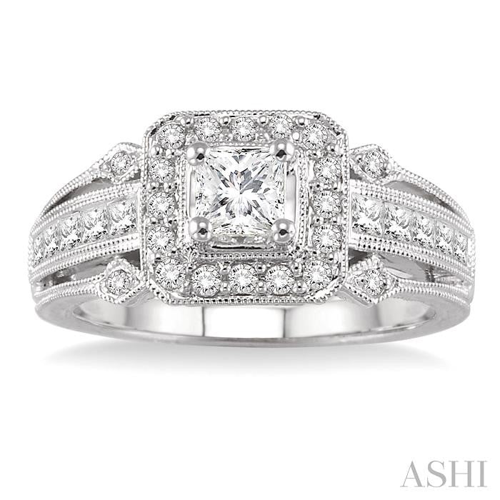 3/4 Ctw Diamond Engagement Ring with 1/3 Ct Princess Cut Center Stone in 14K White Gold