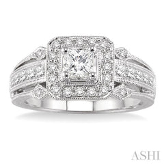 3/4 Ctw Diamond Engagement Ring with 1/3 Ct Princess Cut Center Stone in 14K White Gold