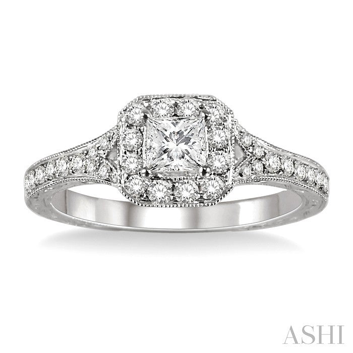 5/8 Ctw Diamond Engagement Ring with 1/4 Ct Princess Cut Center Stone in 14K White Gold