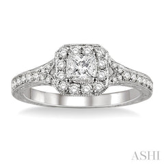 5/8 Ctw Diamond Engagement Ring with 1/4 Ct Princess Cut Center Stone in 14K White Gold