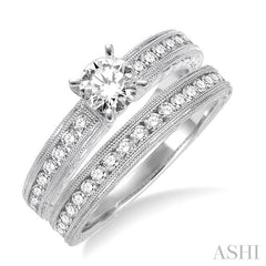 1 1/4 Ctw Diamond Wedding Set with 7/8 Ctw Round Cut Engagement Ring and 1/3 Ctw Wedding Band in 14K White Gold