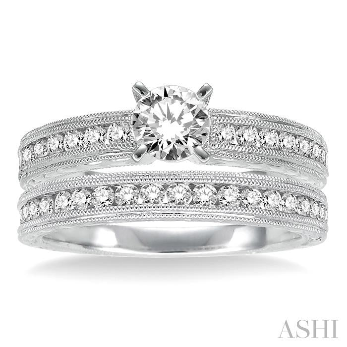 1 1/4 Ctw Diamond Wedding Set with 7/8 Ctw Round Cut Engagement Ring and 1/3 Ctw Wedding Band in 14K White Gold